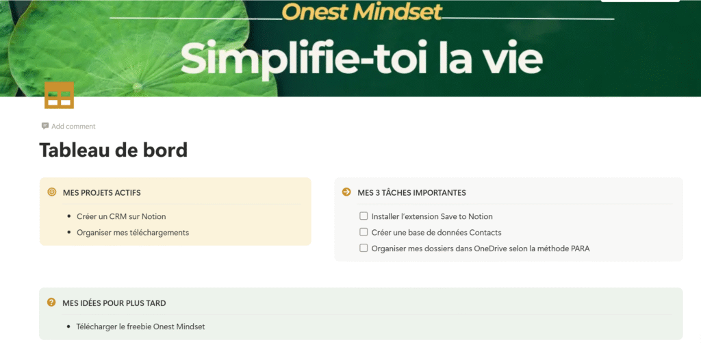 Tableau de bord simple pour organisation femme neurodivergente